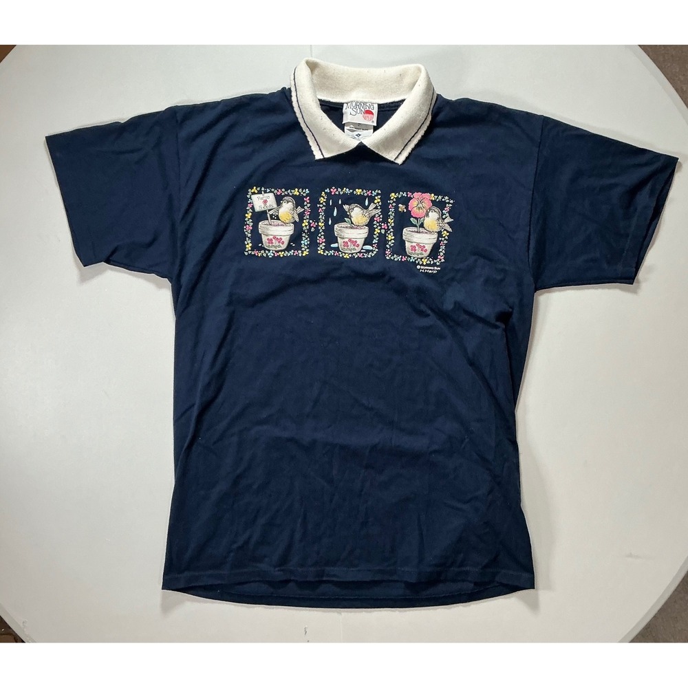 VTG Cottagecore Y2K Granny USA Polo T-Shirt Winter Bird Pansy Flower Womens L
